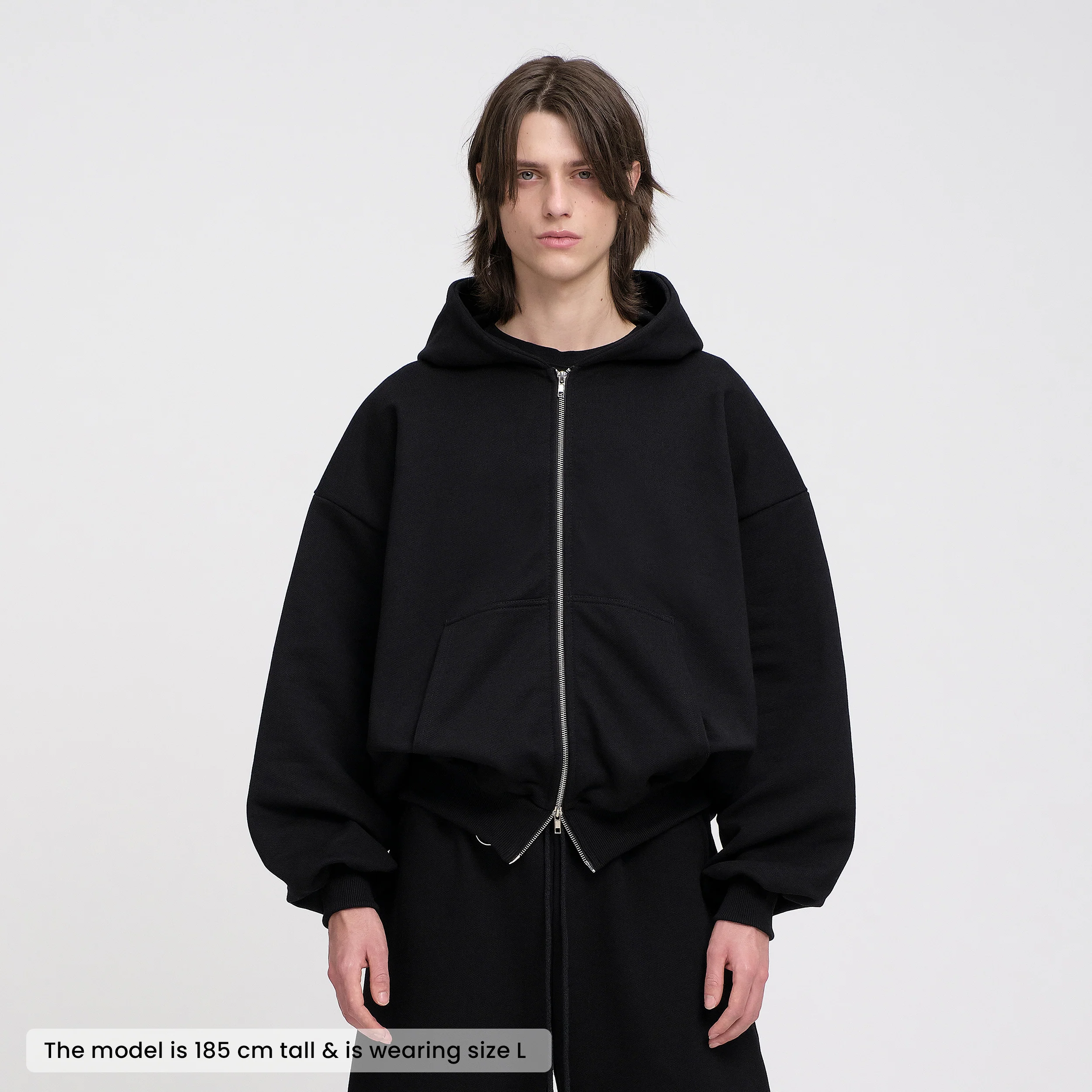 Boxy Ultra Heavyweight Double Zip Hoodie (Black) - Image 3