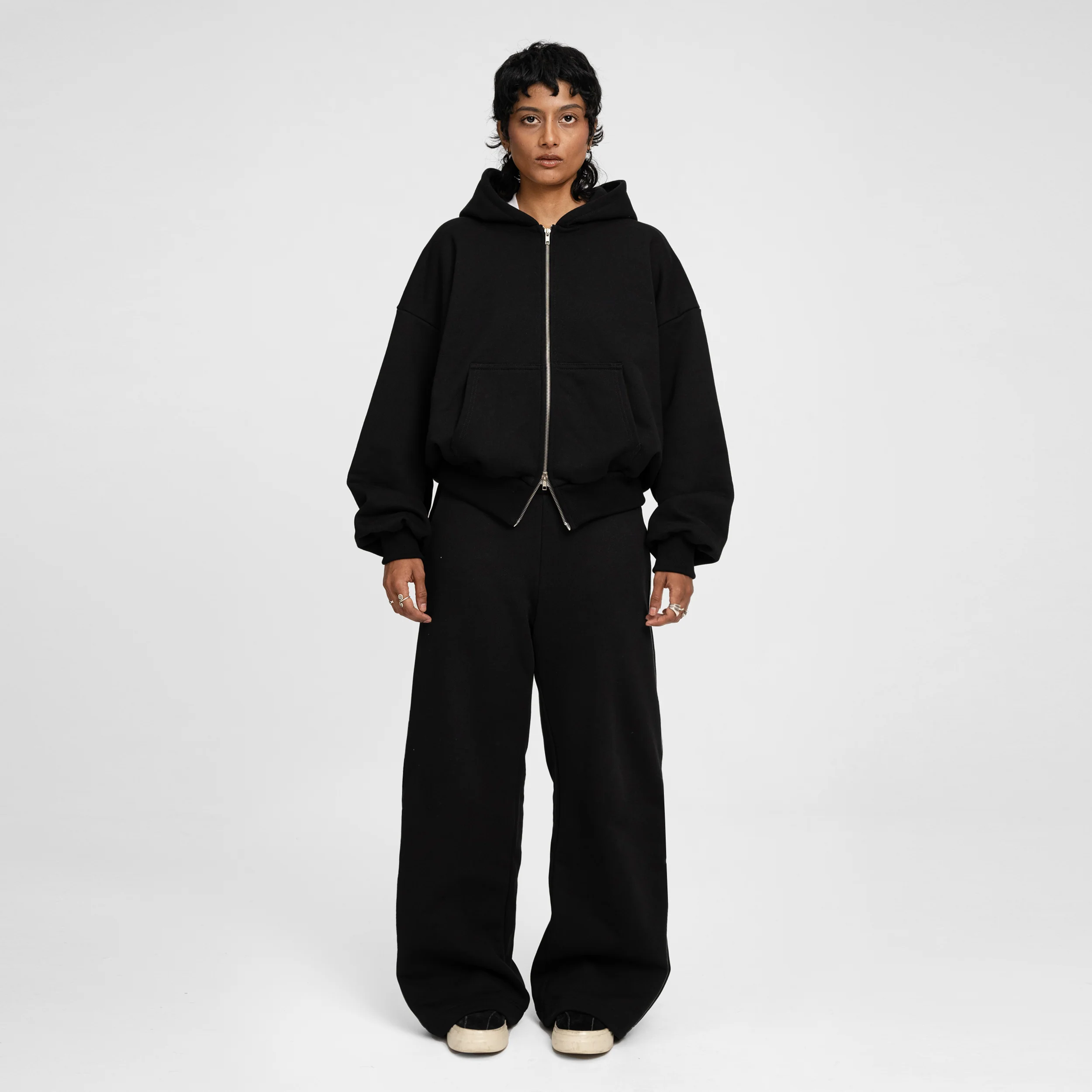 Boxy Ultra Heavyweight Double Zip Hoodie (Black) - Image 4