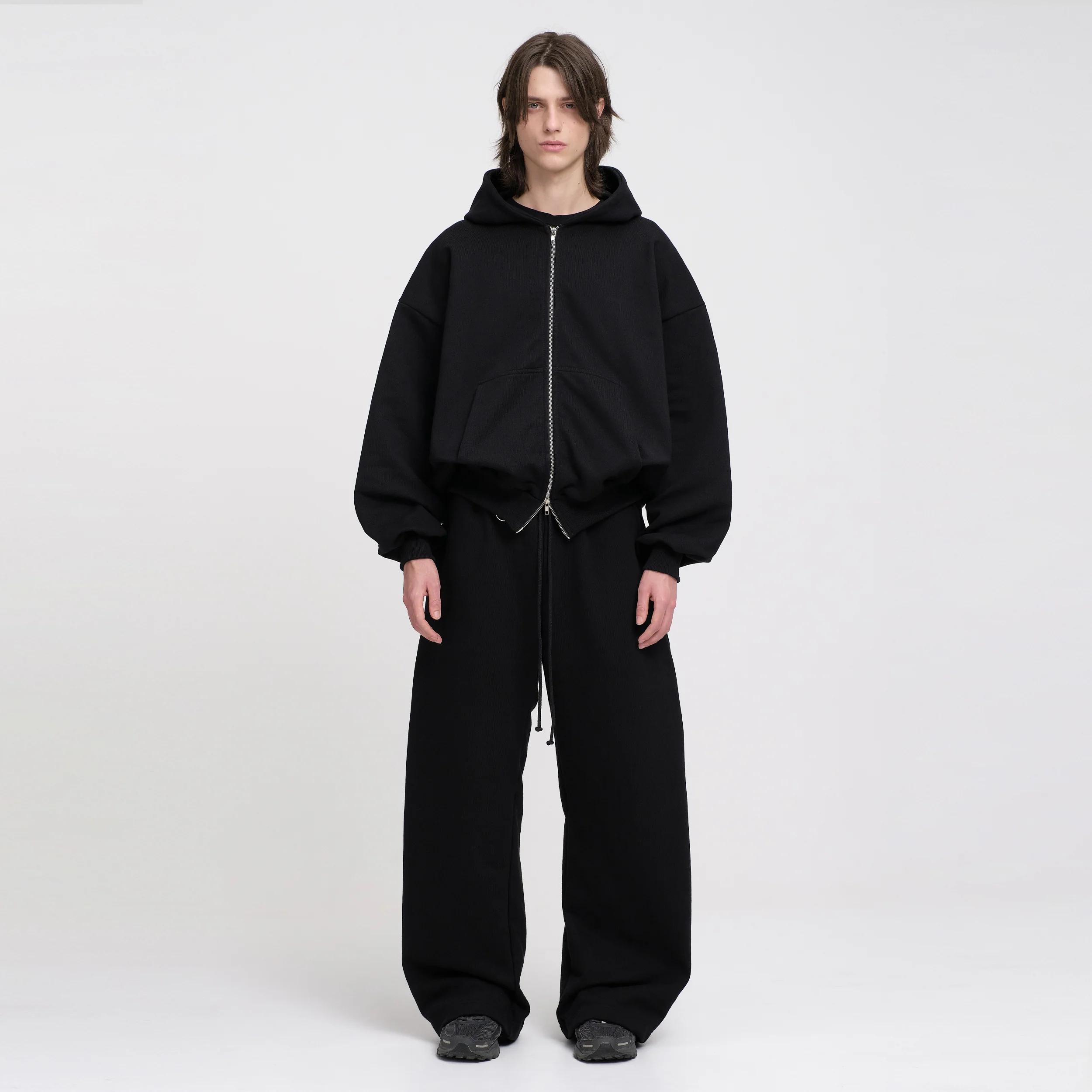 Boxy Ultra Heavyweight Double Zip Hoodie (Black) - Image 5