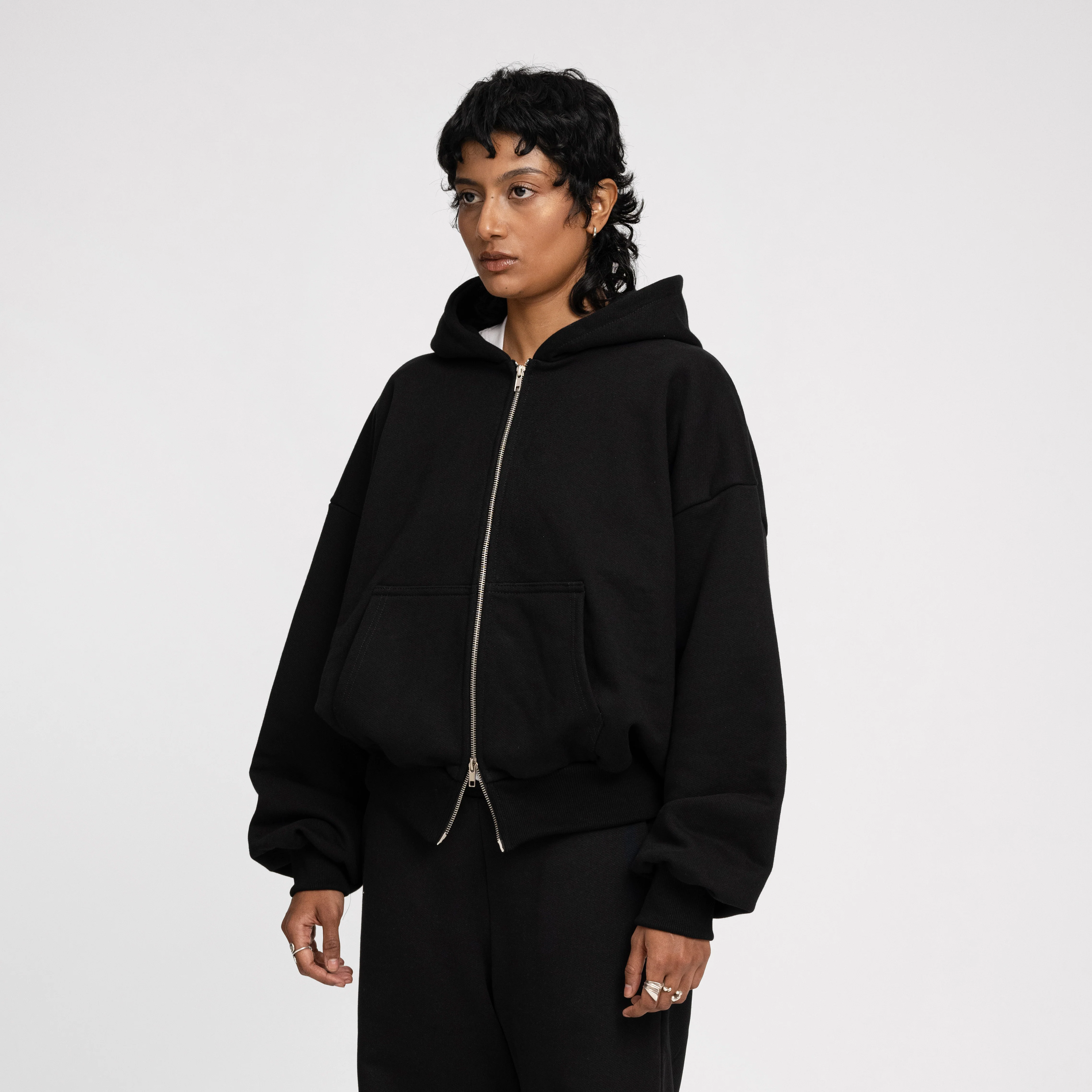 Boxy Ultra Heavyweight Double Zip Hoodie (Black) - Image 6