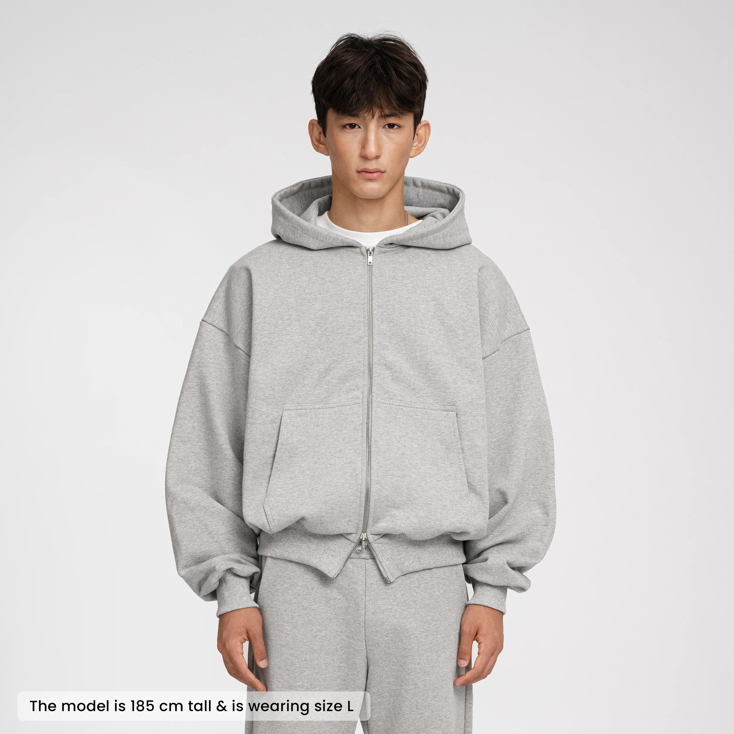 Boxy Ultra Heavyweight Double Zip Hoodie (Grey) - Image 3