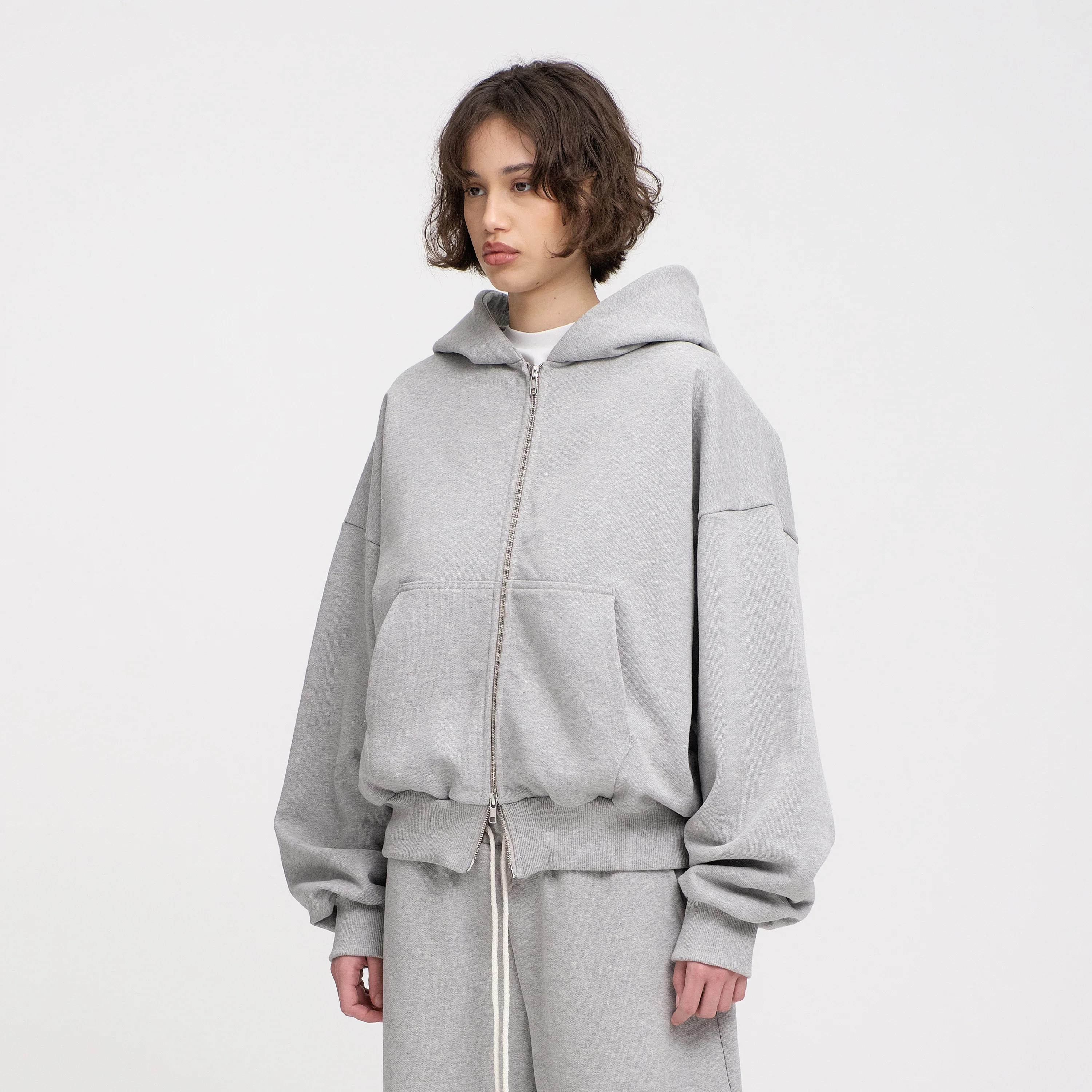 Boxy Ultra Heavyweight Double Zip Hoodie (Grey) - Image 5